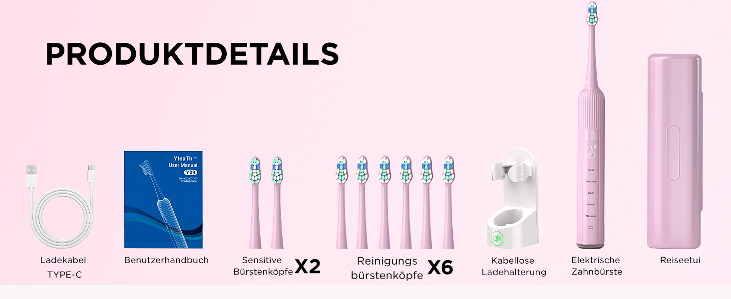 Електрична зубна щітка звукового типу для дорослих та дітей, 5 режимів чищення, 3 рівні інтенсивності, таймер, 8 насадок, чохол для подорожей, рожевий колір