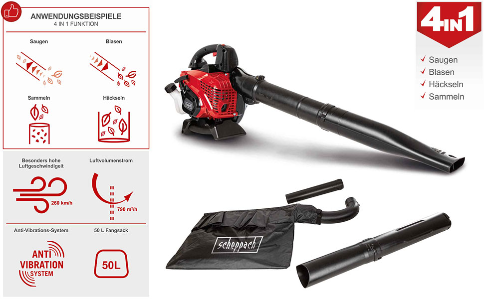 Бензопилосос-лістозбирач Scheppach LBH3500P 4в1: потужний, з Easy Start, 25,4 см³, 1,2 к.с., 295 км/год, 790 м³/год, 50л мішок, насадка для збору та видування