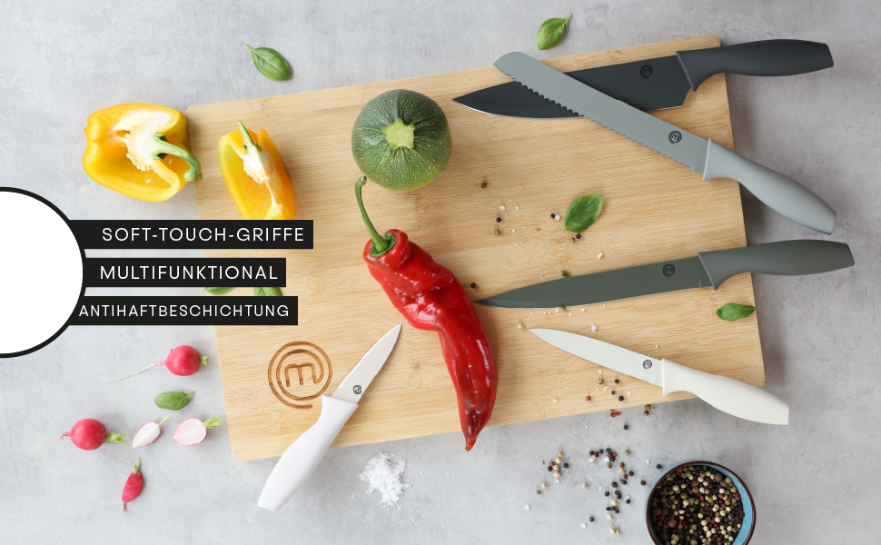 Набір ножів MasterChef 5-ти частинний: кухонний, для хліба, сатокі, овочевий, універсальний, з нержавіючої сталі, чорний, з м'якими ручками