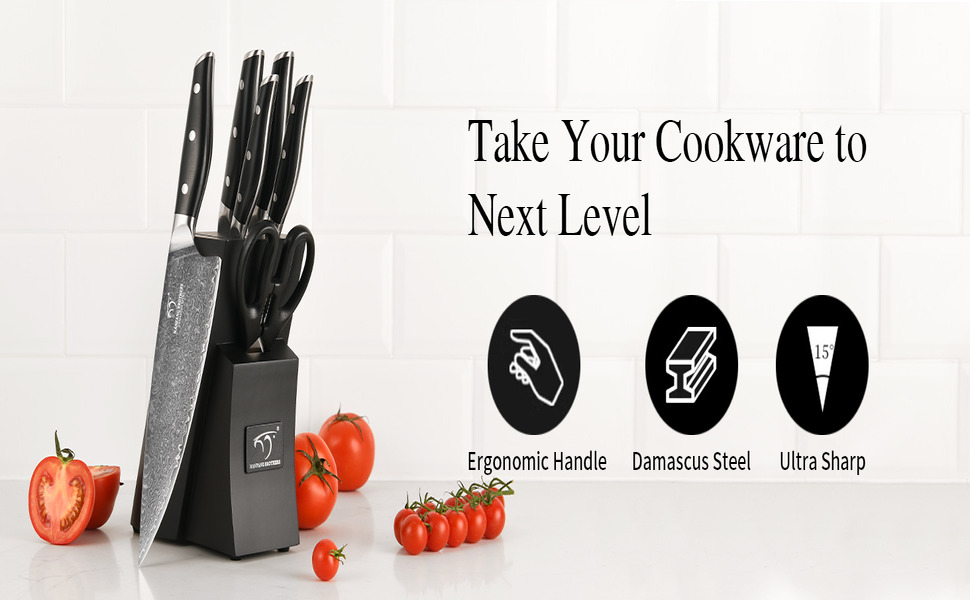 Набір кухонних ножів з дамаської сталі з дерев'яним блоком (7 предметів) - професійний набір ножів для кухні, VG10, G10, ергономічні ручки (червоний)