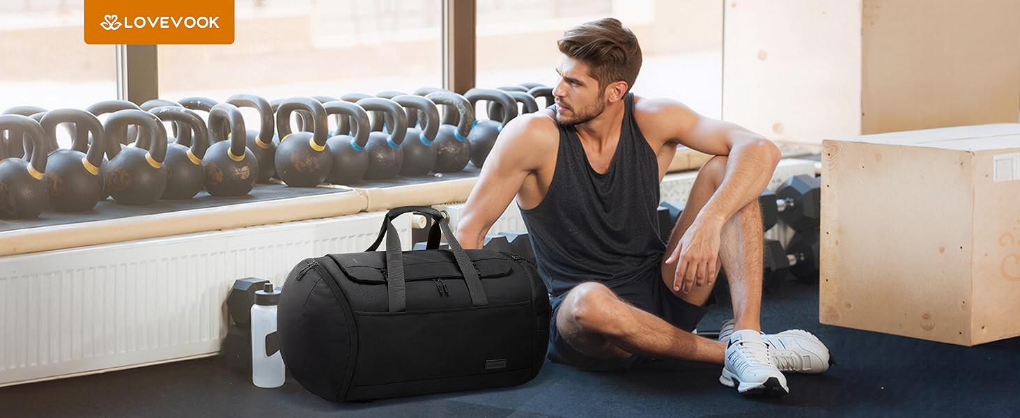 Спортивна сумка LOVEVOOK для чоловіків з відділенням для взуття, 65L, 52x45x28 см, Duffel Bag, для подорожей, Gym Bag, ручна поклажа, чорна