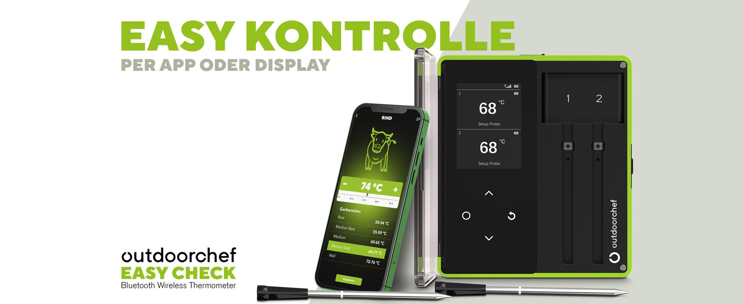 Термометр для гриля Outdoorchef Easy Check Quadro з Bluetooth, 4 датчики, 200м, для миття в посудомийній машині, з магнітною док-станцією