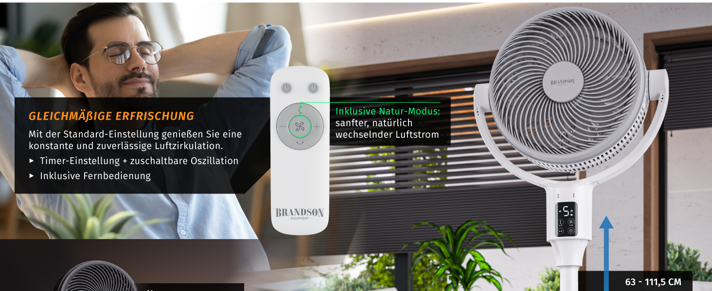 Вентилятор підлоговий Brandson ECO Line 3D з пультом, DC мотор, 9 швидкостей, білий