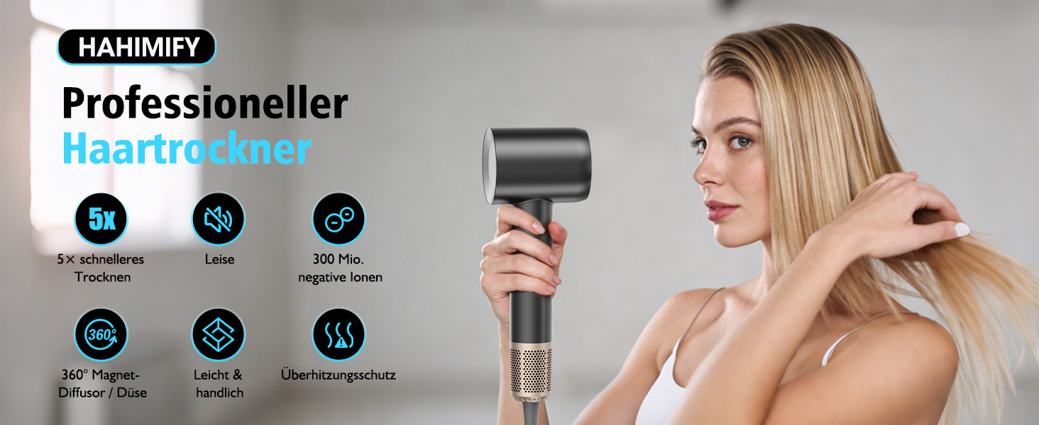 Професійний фен для волосся з високошвидкісним двигуном 160 000 об/хв, іонізацією 300 млн негативних іонів, 4 температурних режимах та 2 швидкостях, з дифузором та концентратором, чорний