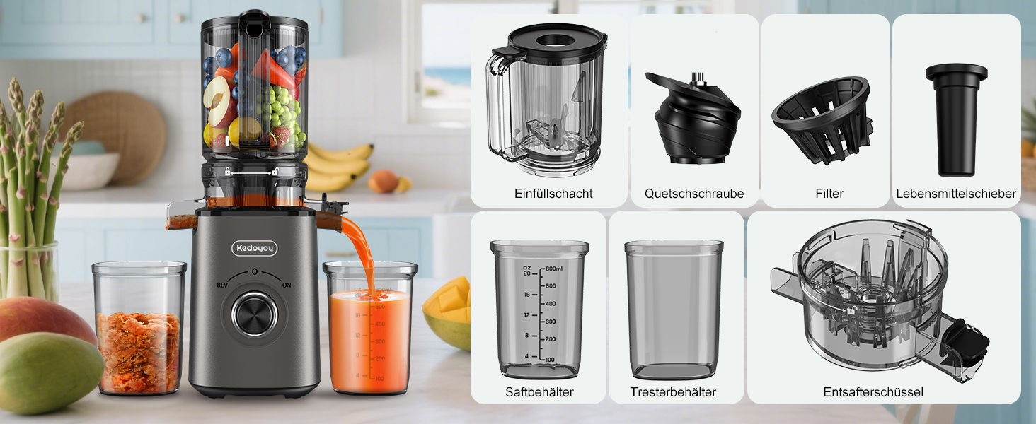 Електричний соковитискач Slow Juicer з великою завантажувальною воронкою 120 мм для цілих овочів та фруктів, об'єм контейнера для соку 600 мл, легке очищення, для сім'ї, фітнесу та здоров'я (сірий)