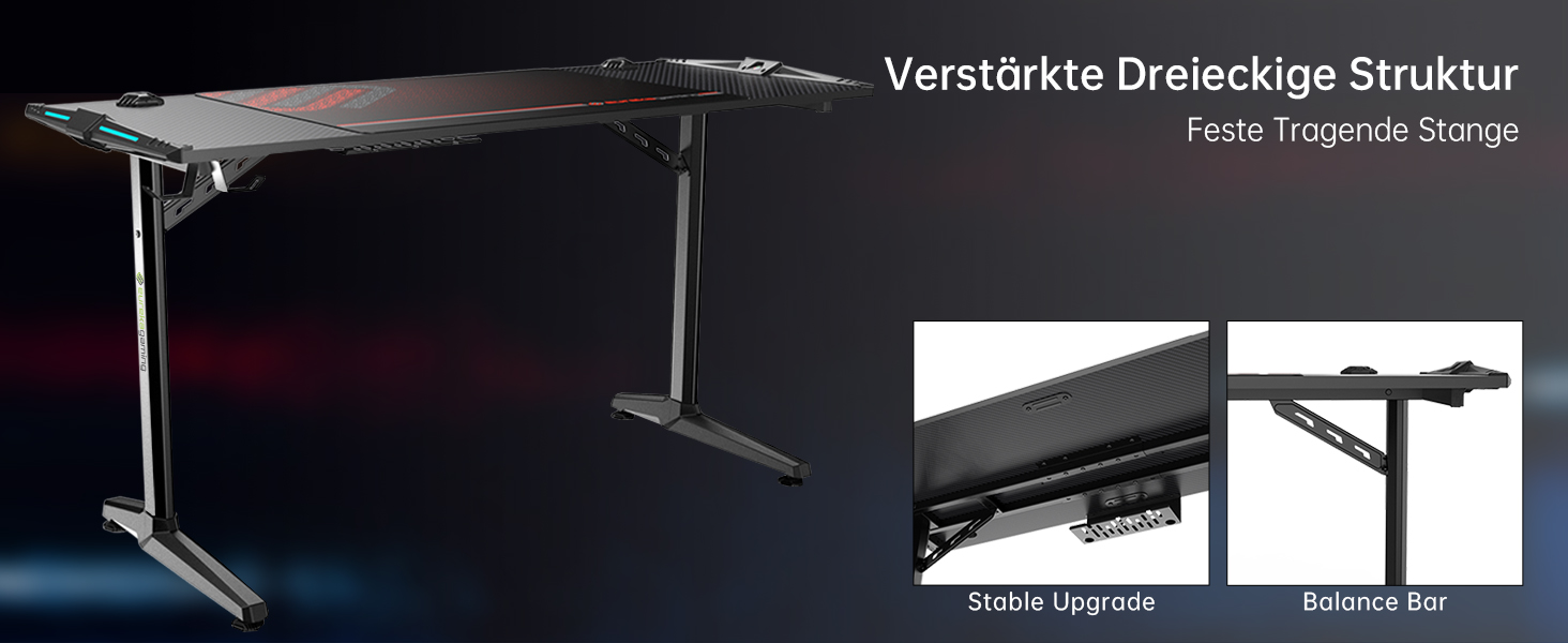 Ігровий стіл EUREKA ERGONOMIC з LED, 140x60 см. Стіл для геймерів з підсвіткою, органайзером для кабелів, тримачем для напоїв та навушників, чорний, X-Large