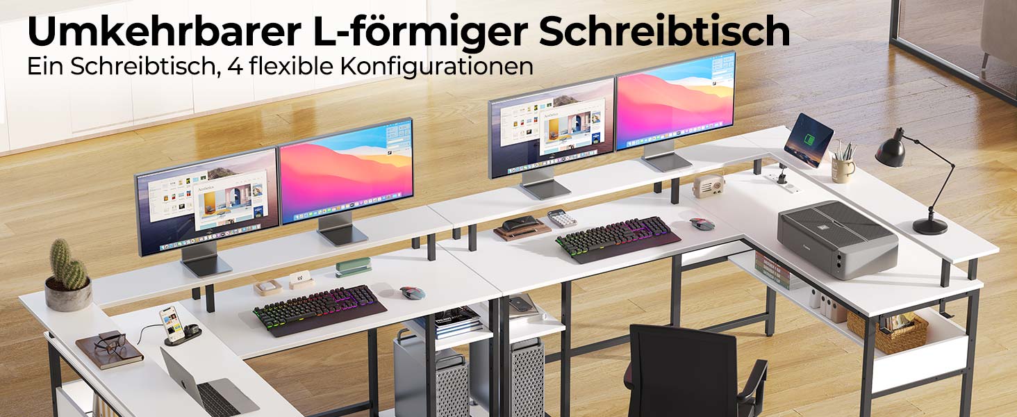 Ігровий стіл Rolanstar L-подібної форми з LED-підсвічуванням та розеткою, 137 x 108 см, комп'ютерний стіл з підставкою для монітора та місцем для зберігання, реверсивний кутовий стіл для офісу, домашнього офісу (Білий)