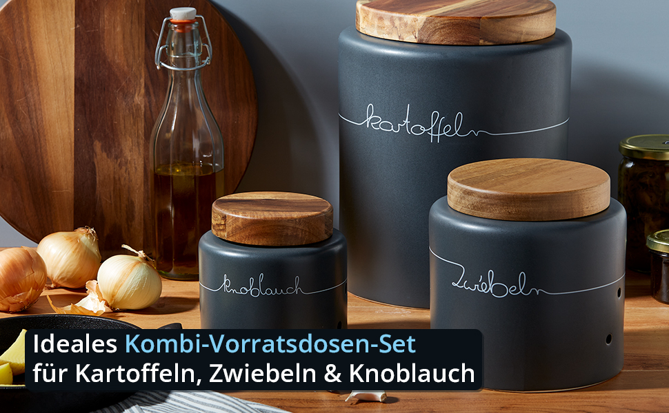 Набір для зберігання картоплі, цибулі та часнику KHG, 3 шт., кераміка, бамбукові кришки, сірий антрацит, об'єм 3 л та 1,5 л