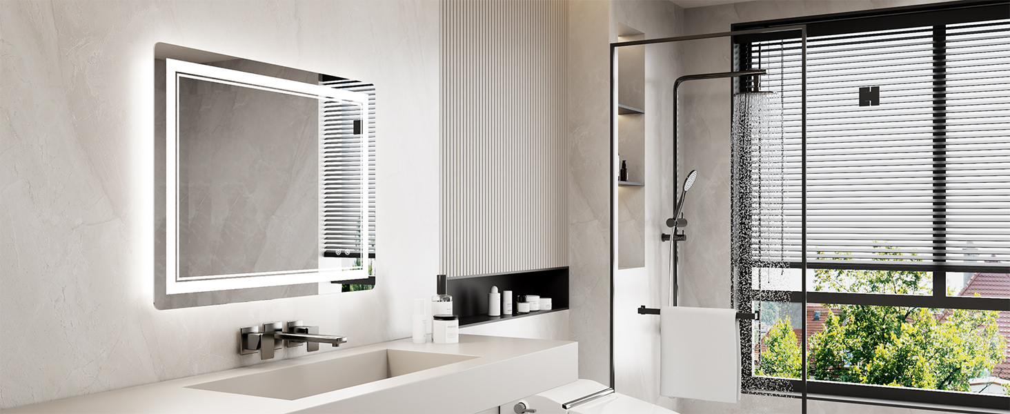 Дзеркало для ванної кімнати зі світлодіодним підсвічуванням 70x50 см, LED Smart дзеркало, антизапар, 3 кольори, регулювання яскравості, горизонтальне/вертикальне кріплення