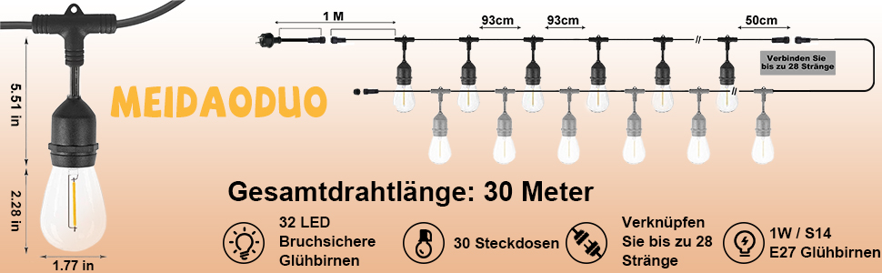Ланцюжок прикрас для зовнішнього використання 30 м, ST45, LED, E27, тепле біле світло 2700K, IP65, вологостійкий, 30 x 1W, скляні лампочки S14 для вечірок та святкування