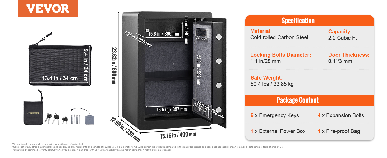 Сейф VEVOR 2,2 кубічних футів, вогнетривкий гаманець, пароль/ключ/відбиток пальця, настінний сейф