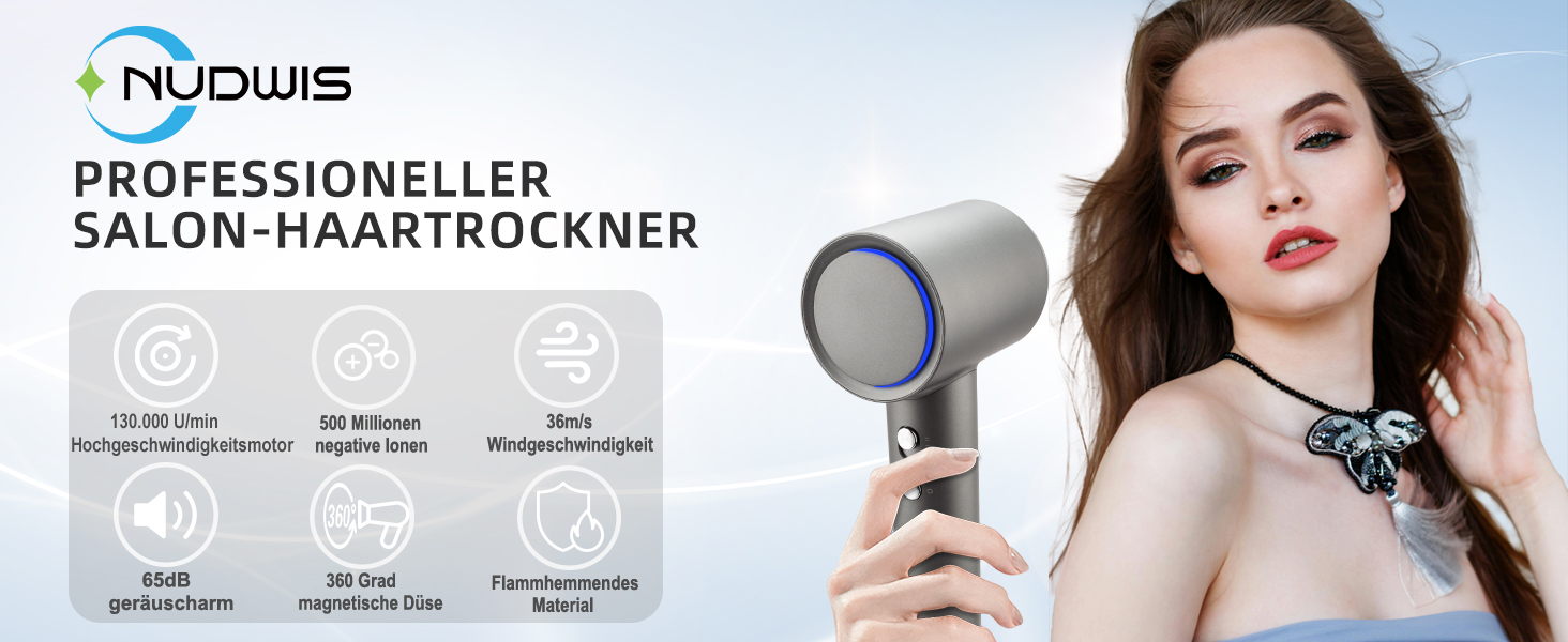 Професійний високошвидкісний фен для волосся з дифузором, 130 000 об/хв, з іонізацією (500 млн негативних іонів), 4 температурні режими та 2 швидкості