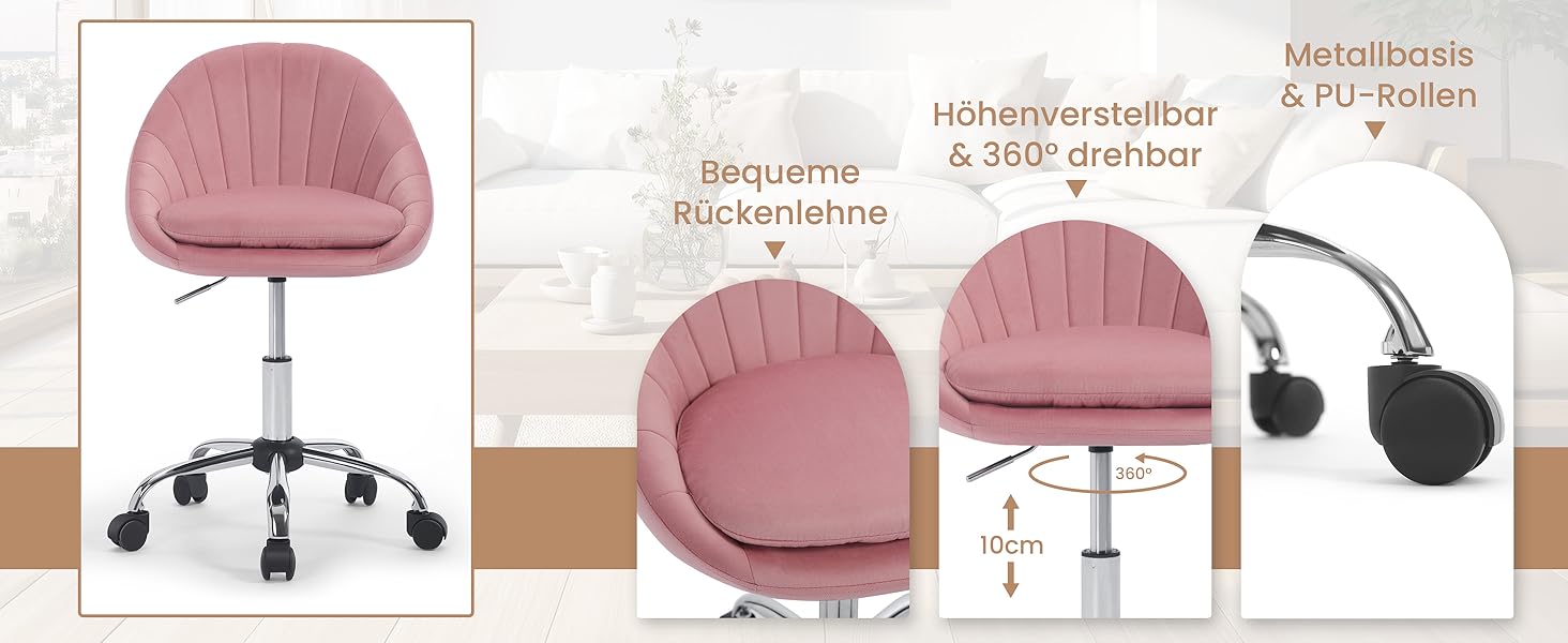 Крісло для дому та офісу WOLTU, ергономічне крісло, крісло для макіяжу, обертове крісло на колесах, крісло для робочого кабінету та спальні, з вагою до 150 кг, оксамит, бежеве, BS167cm