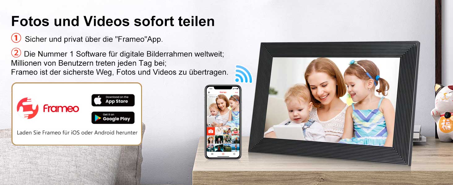 Frameo Цифровий фоторамка 10.1 дюйма з Wi-Fi, HD сенсорний екран, 16GB пам'ять, автоматичне обертання, віддалене завантаження фото та відео, настінний монтаж (чорний)