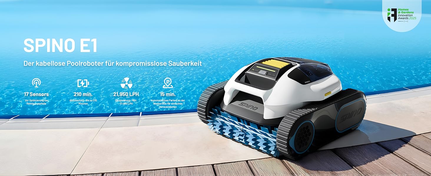 Робот-пилосос для басейну Spino E1 акумуляторний, для стін та дна, 210 хв бездротової роботи, продуктивність 21950 л/год, 5 режимів очищення, автоматична парковка, біло-жовтий