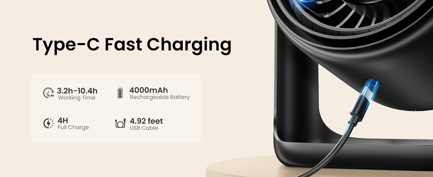 Вентилятор настільний Gaiatop з сенсорним керуванням, акумулятор 4000mAh, 5 швидкостей, USB-C, чорний