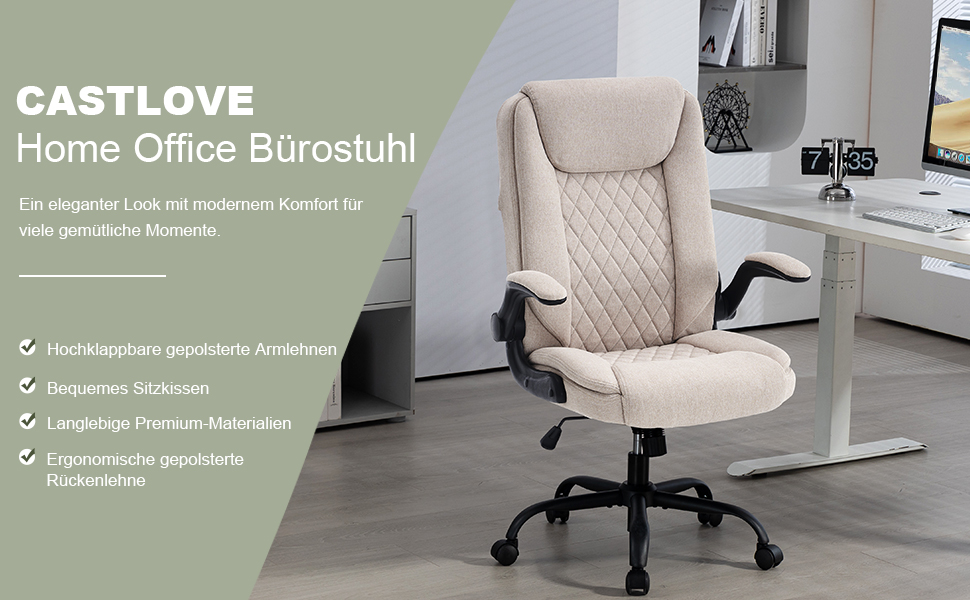 Офісний крісло CASTLOVE: ергономічний, з підлокітниками, регулюванням висоти та нахилу, з підголівником. Підходить для дому та офісу, витримує до 150 кг (Бежевий, тканина)