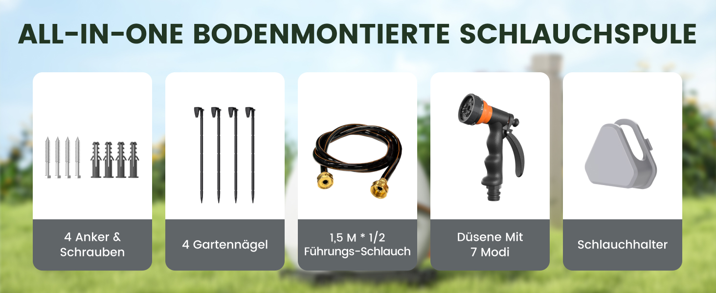 Тросовий барабан для садового шланга Giraffe Tools 25 м з висувною конструкцією, міцною основою, 7-функціональною насадкою та 360° поворотним кріпленням