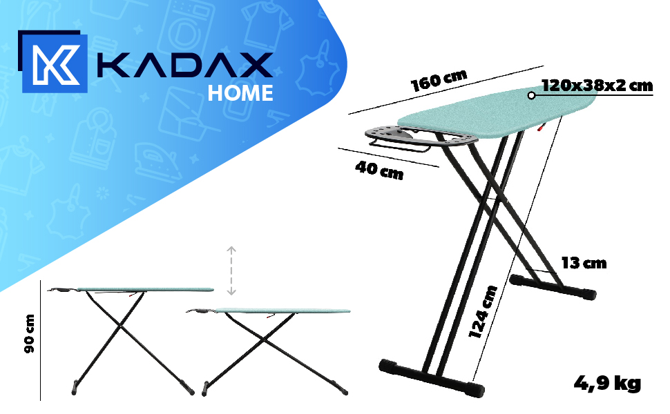 Прасувальна дошка KADAX 120x38 см, регульована по висоті, складна, з протиковзкими ніжками та основою з піни 8 мм (м'ята)