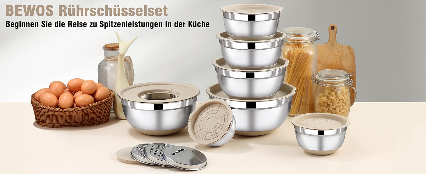 Набір місок для перемішування BEWOS 7 шт. з кришкою, нержавіюча сталь, з терткою, вкладна конструкція, розміри 0.5, 1, 1.4, 1.85, 2.35, 3.2, 4 л для змішування та подачі