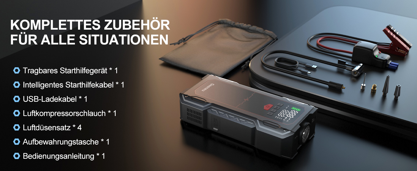 Бустер для авто Starthilfe Powerbank 6000A: пусковий пристрій з компресором 150PSI, 12V для бензинових (до 9л) та дизельних (до 7.5л) двигунів, чорний