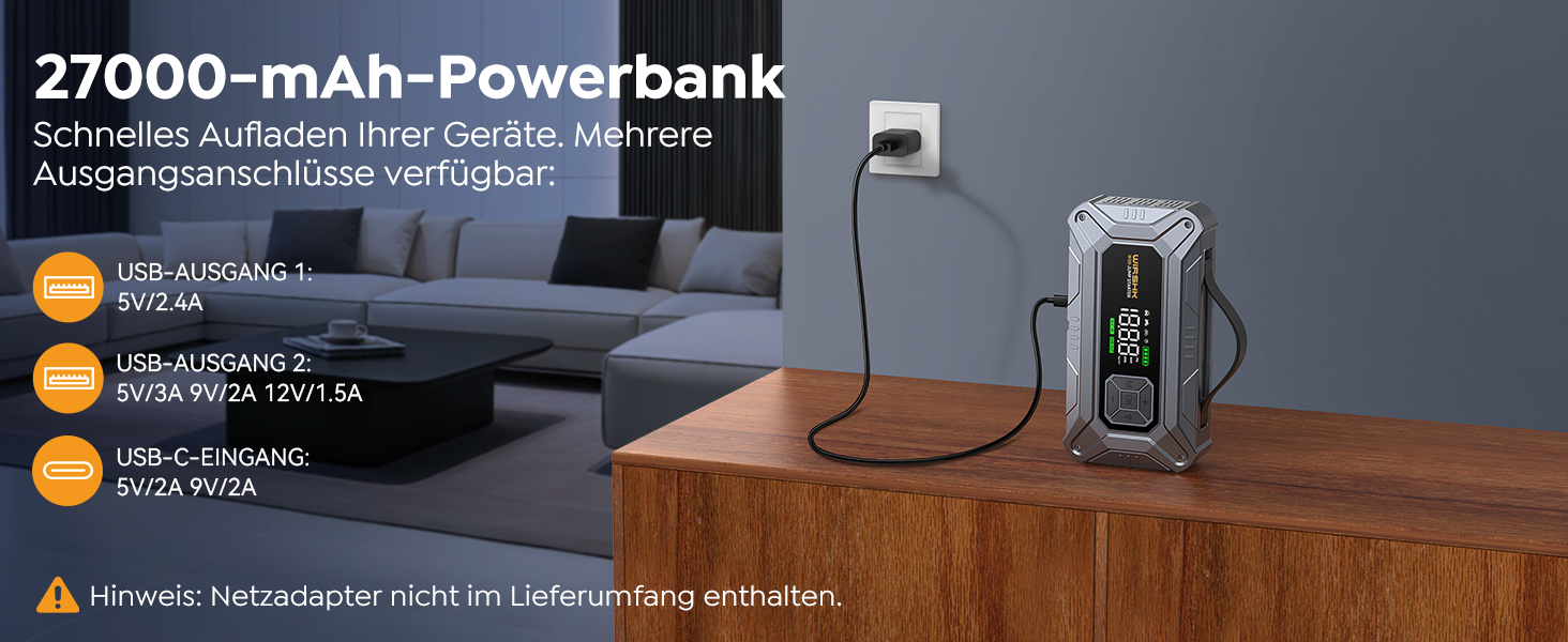 Портативний пусковий пристрій 8000A з повітряним компресором 160 PSI для бензинових та дизельних двигунів (до 10л), з дисплеєм та аварійною світлодіодною лампою