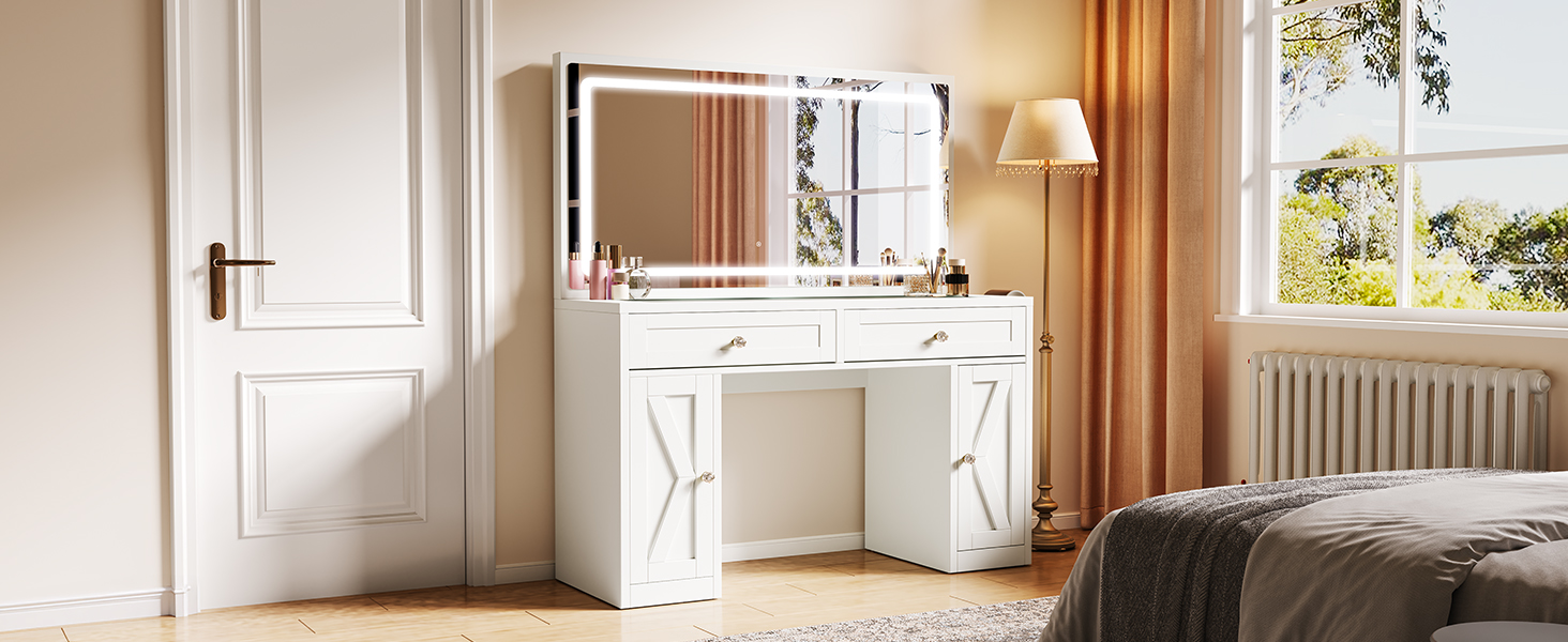 Туалетний столик YITAHOME з LED-дзеркалом, регульоване 3-кольорове освітлення, скляна стільниця, вбудована розетка, для спальні, 115 x 40 x 134 см, білий
