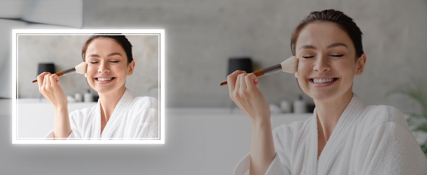 Дзеркало для ванної кімнати SONNI з підсвічуванням 80x60 см, 3 кольори світла, проти запотівання, LED, сенсорна кнопка, годинник, температура, 3-кратне збільшення