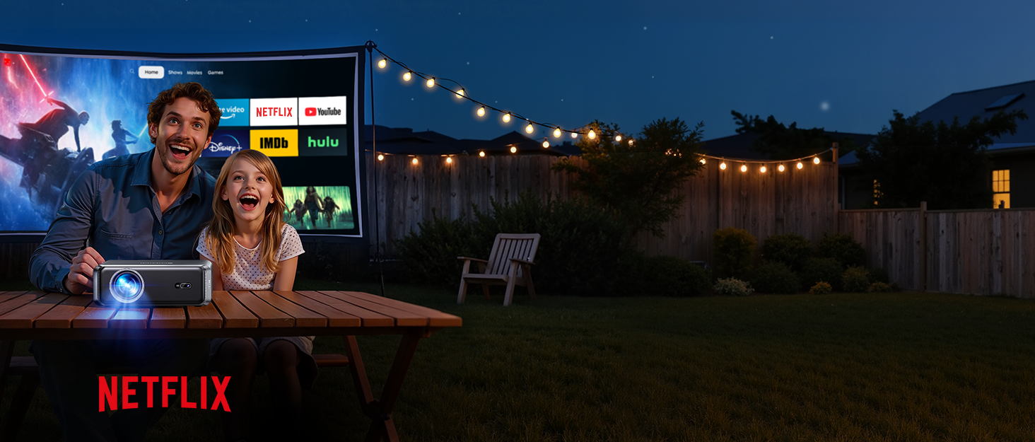 4K проєктор Smart Beamer з Netflix, Dolby Audio, 1000 ANSI люмен. Підтримка автофокусу, корекції трапеції 6D, WiFi 6/Bluetooth. Підходить для Android/iPhone, для дому та на вулицю. Чорний.