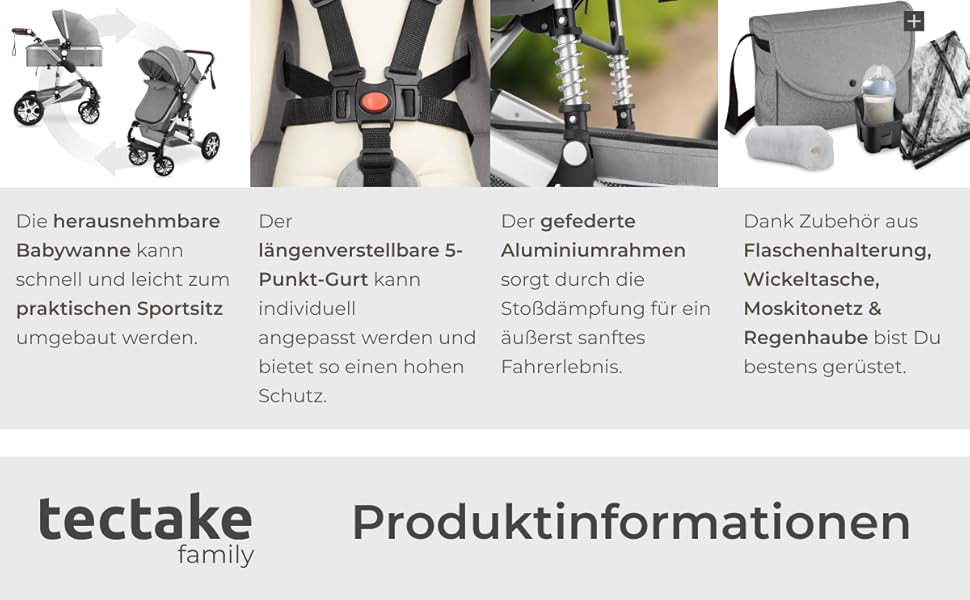 Дитяча коляска Tectake 2 в 1, розкладний візок-бугі з функцією ліжечка, з підставкою для ніг, візок з тримачем для напоїв, знімною колискою та дощовиком (Сірий)