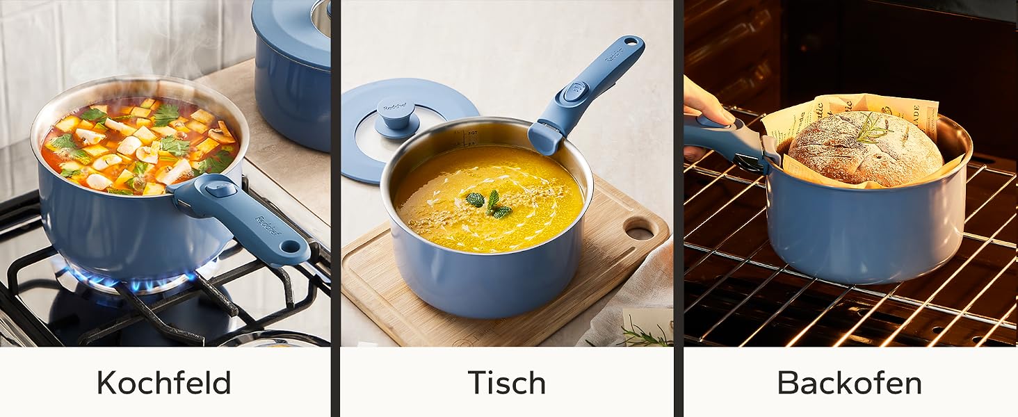 Набір каструль Redchef зі знімними ручками, 5 предметів, нержавіюча сталь, 16/18/20 см, універсальні кришки 3-в-1, для індукційних та всіх видів плит, підходить для духовки (Синій)