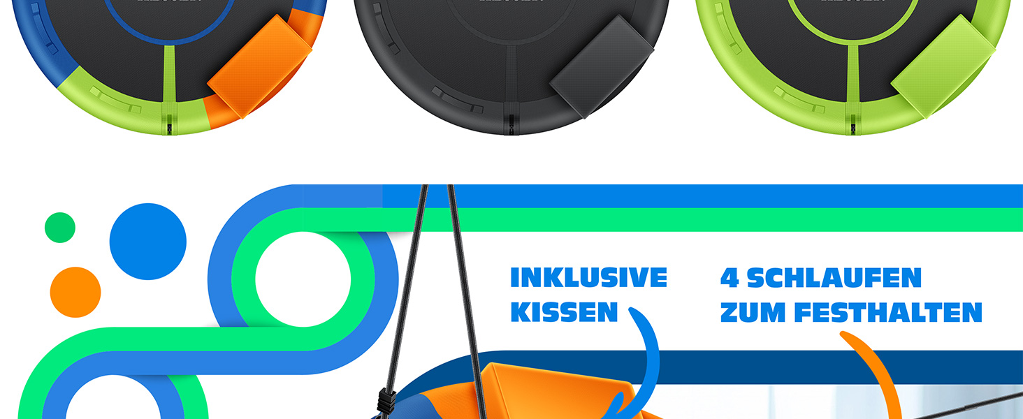 Шоукель KESSER® Tellershaukel Ø 120cm, до 300кг, з подушкою та 4 ручками, регульована, для дітей та дорослих, Indoor & Outdoor, кольорова
