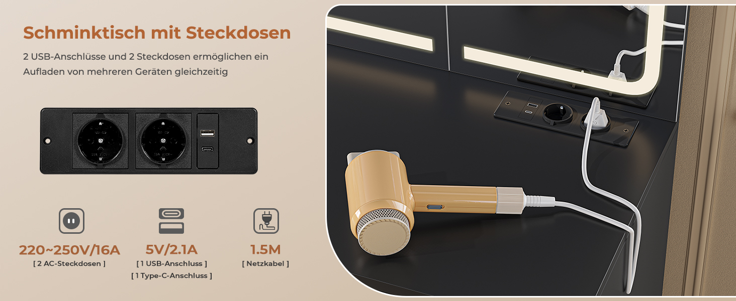 Великий туалетний столик AOGLLATI з великим дзеркалом та регульованою LED-підсвіткою. Косметичний столик з розетками, 3 висувними ящиками та 2 шафками. Сучасний туалетний столик для спальні (білий/чорний)