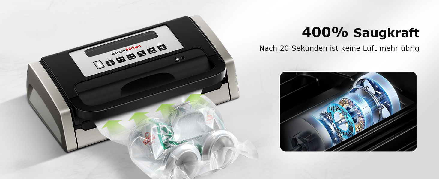 Вакууматор Bonsenkitchen для продуктів, потужний вакуумний пакувальник (15л/хв) з вбудованим різаком та ручкою-фіксатором, чорний