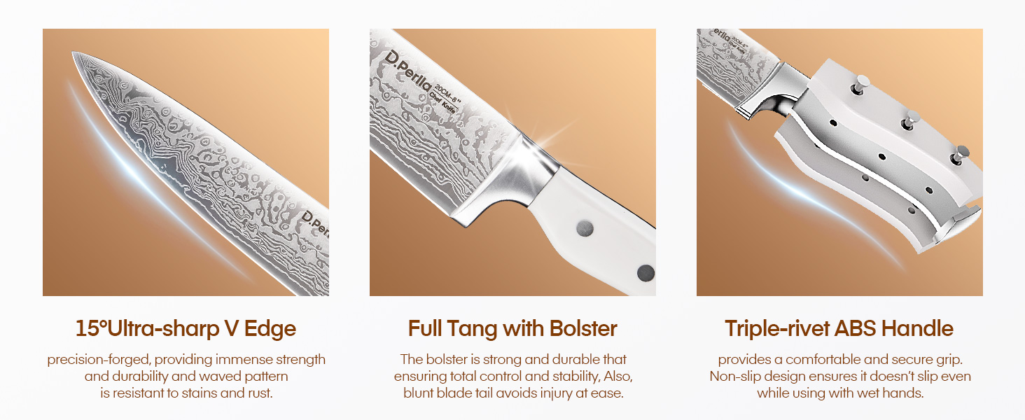 Набір ножів D.Perlla 7 предметів з точилкою, професійний кухонний набір з нержавіючої сталі з пластиковою ручкою та дерев'яним блоком, білий