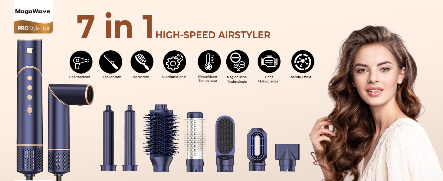 Mogawave Airstyler Airbrush Pro 1000W - 5-в-1 Фен-щітка для волосся з обертанням, іонізація, об'єм та завивка (Коричневий)