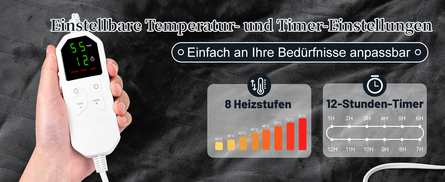 Електрична гріюча ковдра з таймером та захистом від перегріву 130x180 см, 8 режимів нагріву, пральна машина, фланцель-шерпа, сіра для дому та офісу