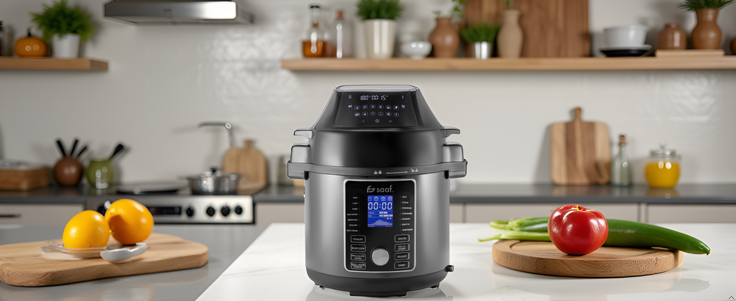 Мультиварка Saaf з Airfryer – 15-ти частинний набір, 24 програми – мультиварка, рисоварка, пароварка, сковорода-каструля – 6л – з корзиною, каструлею та кулінарною книгою – цифровий дисплей