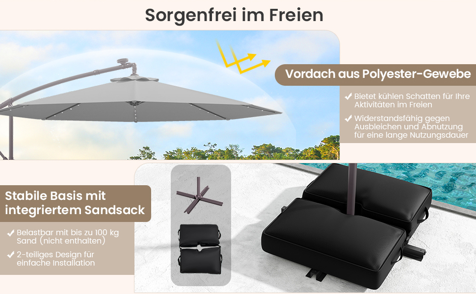 Парасолька від сонця COSTWAY 300 см з підставкою та LED-підсвіткою, бежева — садова парасолька-ампел з ручкою-коробкою та UV-захистом для тераси, басейну та двору