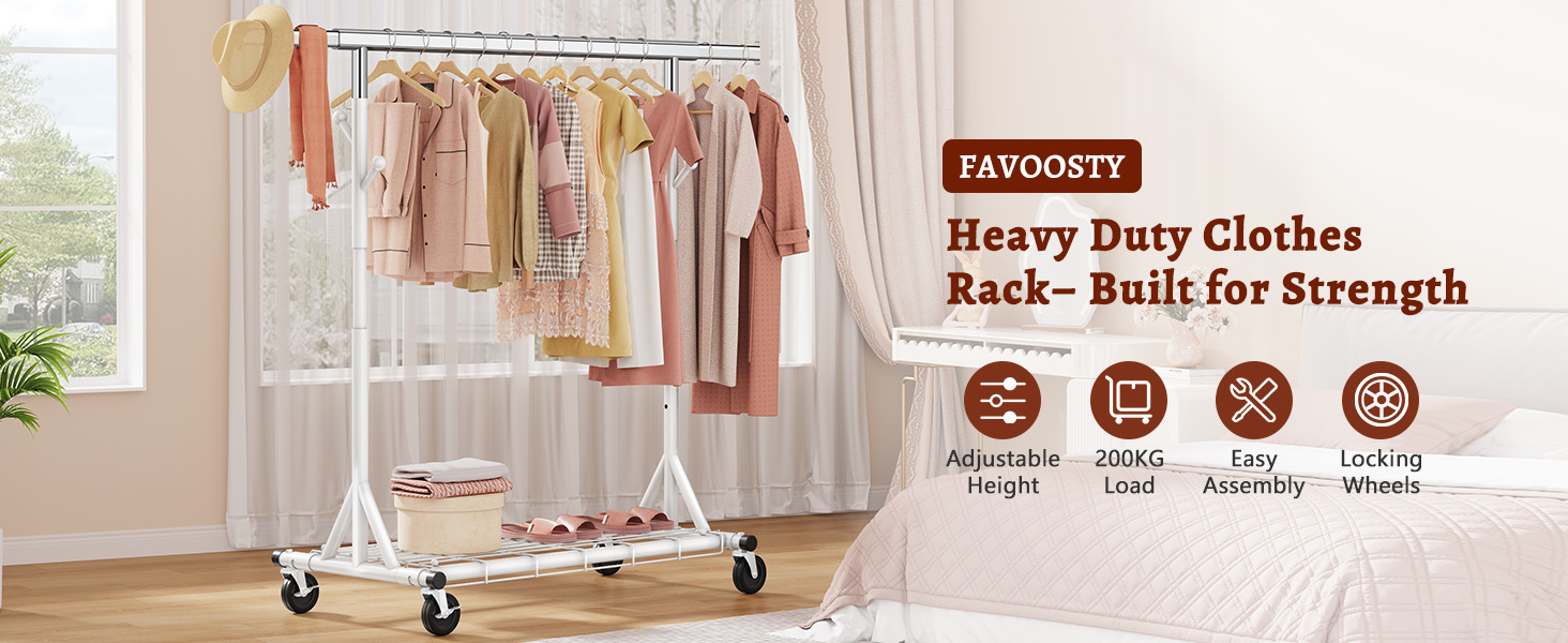 Стійка для одягу на колесах FAVOOOSTY, металева, мобільна, до 200 кг, швидка установка, білий колір, 1 перекладина