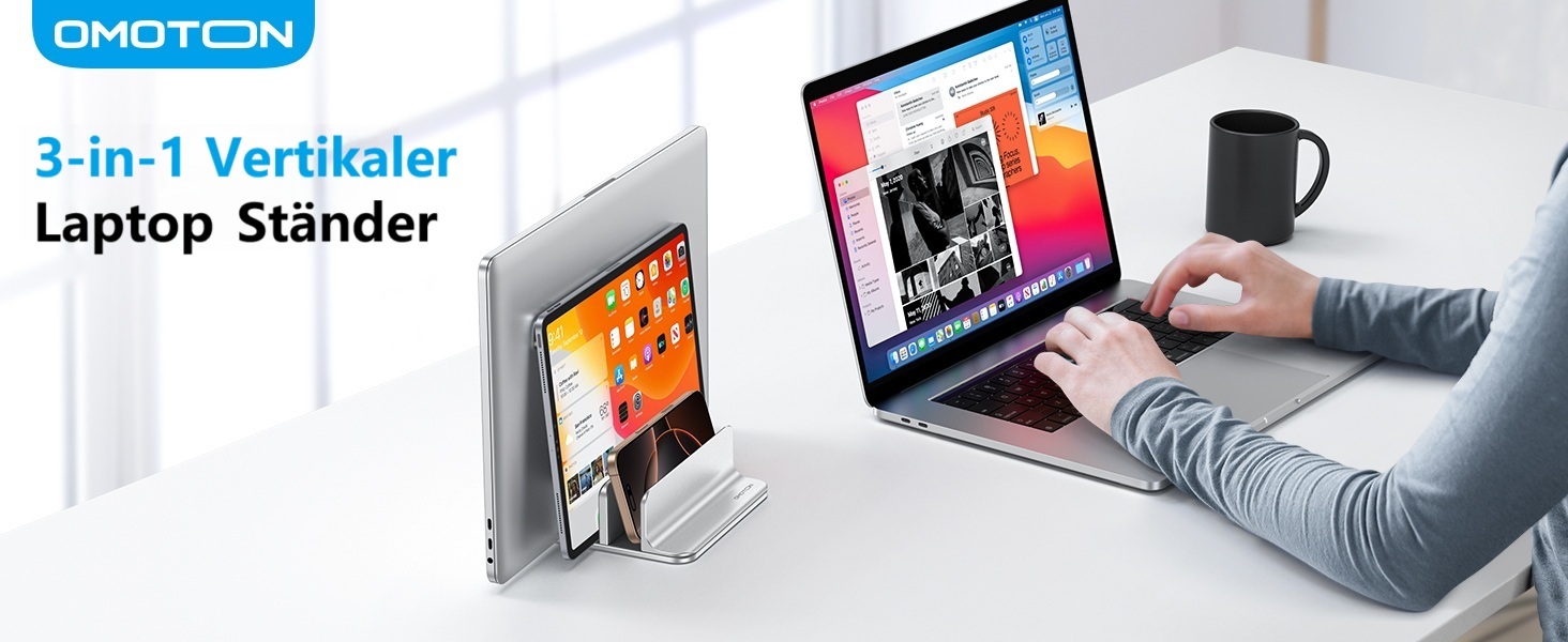 Підставка для ноутбука OMOTON 3 в 1, алюміній, регульована, до 17.3 дюйма, сумісна з MacBook, Android, срібна