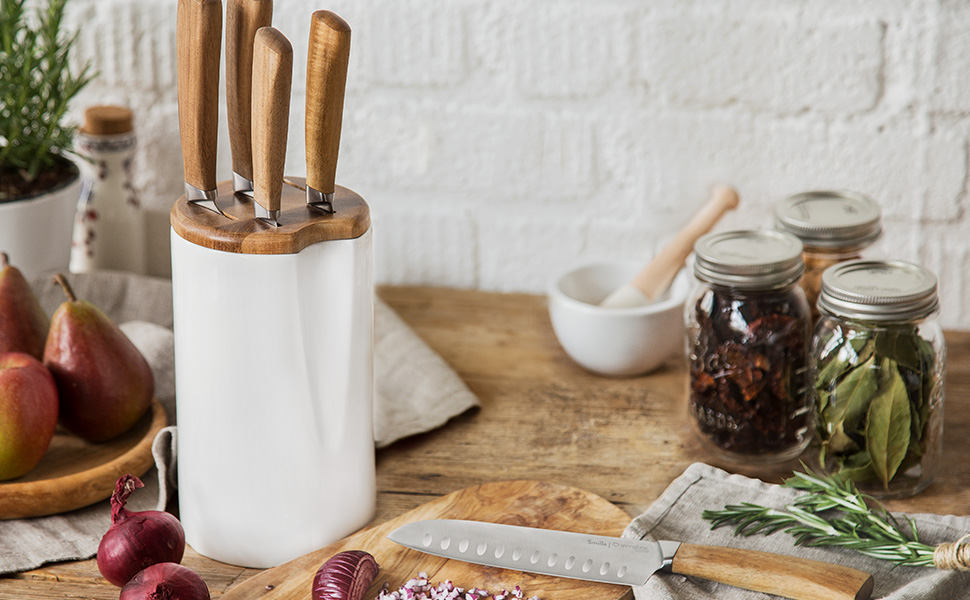 Набір ножів SpringLane 6 шт. з керамічним блоком та дерев'яним вставкою з акації, з лезами з німецької сталі та ручками з акації, білий