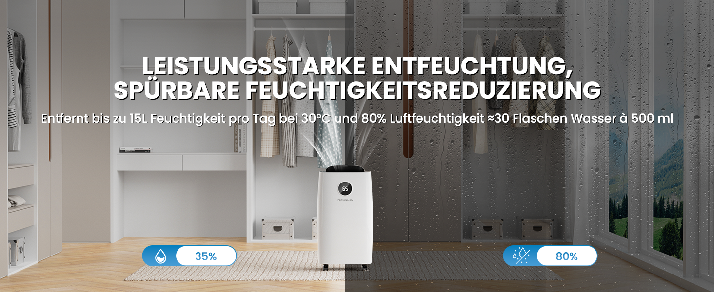 Електричний осушувач повітря 15L, 30㎡, для підвалу, з тачем, 2.5L бак, дренажний шланг, 46dB, таймер 24h, гарантія 3 роки