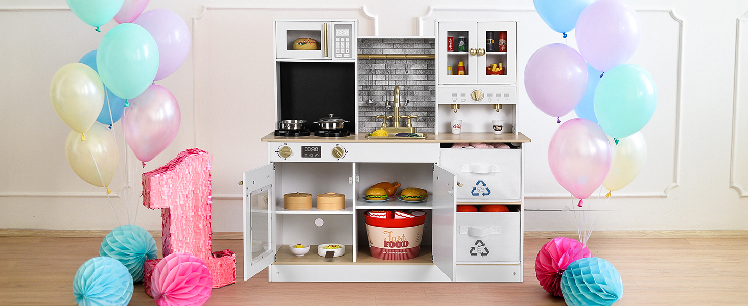 Дерев'яна дитяча кухня MAMIZO з підсвіткою та звуком, 90x30x90 см, з аксесуарами та 2 ящиками для зберігання, іграшка для дітей від 3 років, білий колір