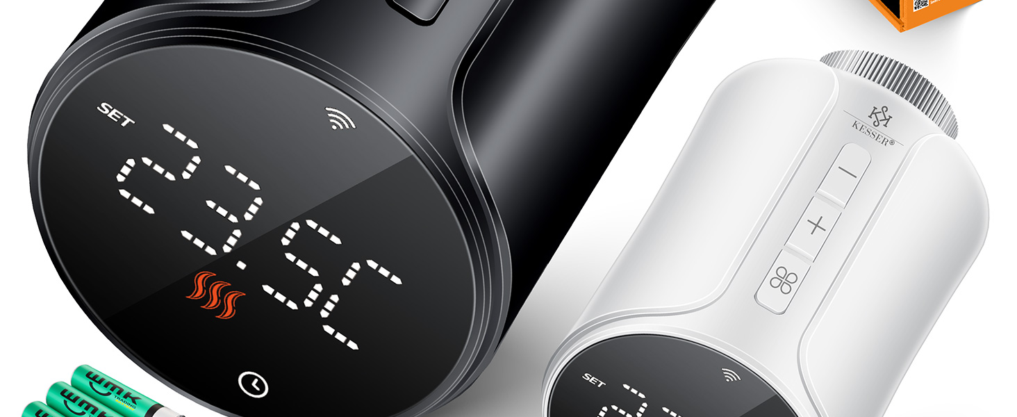KESSER® WiFi термостат на радіатор опалення з керуванням через додаток Smart Home | Комплект з 6 вентилів для опалення, сумісний з Alexa та Google Assistant | Економія енергії та коштів, білий