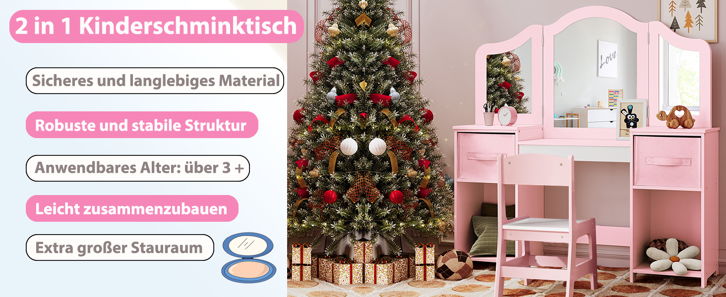 Дитячий туалетний столик MAMIZO 2 в 1 з дзеркалом та пуфом, рожево-білий (108x30x114 см)