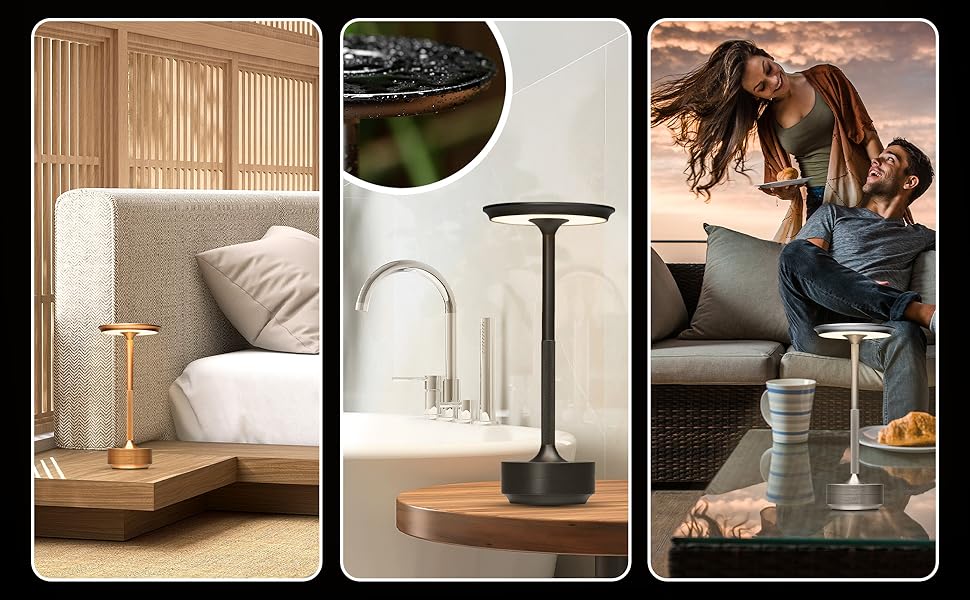 LED настільна лампа ELYSIA з акумулятором, диммування, бездротова, сенсорне управління, для дому та вулиці [IP54], тепле світло [2200K-2700K-3200K], USB-C, перезарядна, алюміній, золота