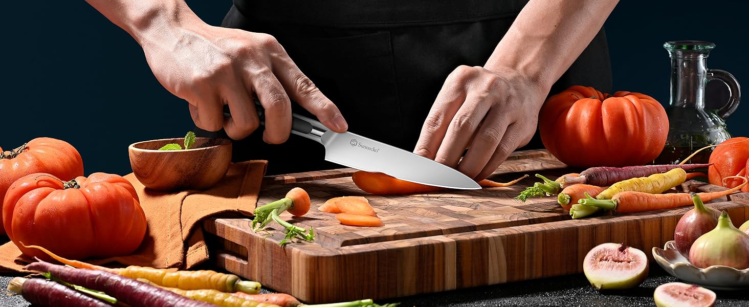 Набір ножів Sunnecko 6 шт. з підставкою – кухонний набір ножів, кухонні ножі з ергономічними ручками, гострими лезами, підставка з нержавіючої сталі та акації