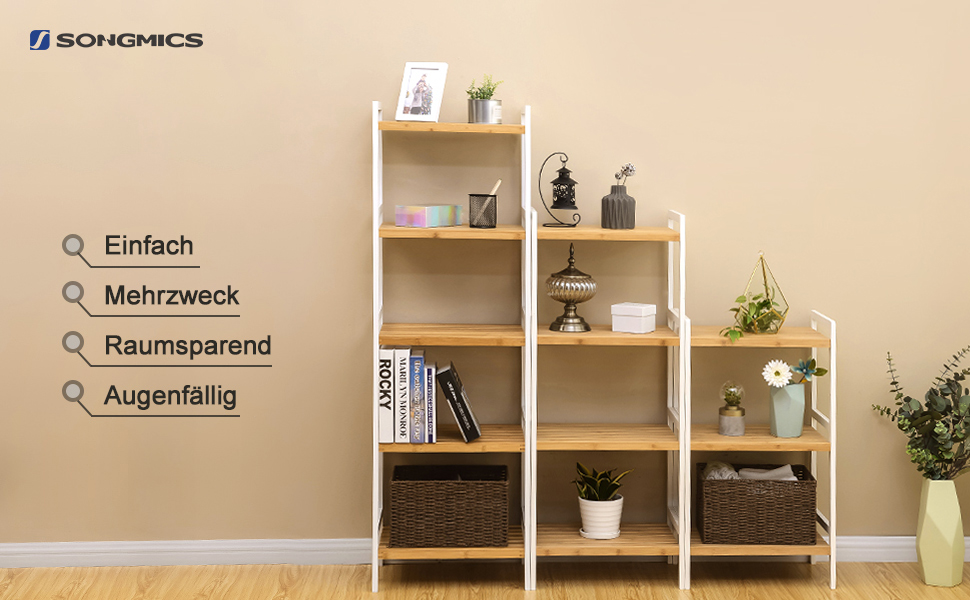 SONGMICS Regal Bambus - Поличкова стійка з бамбука, 5 ярусів, 31.5 x 45 x 142 см, для ванної, кухні, вітальні, спальні, балкону