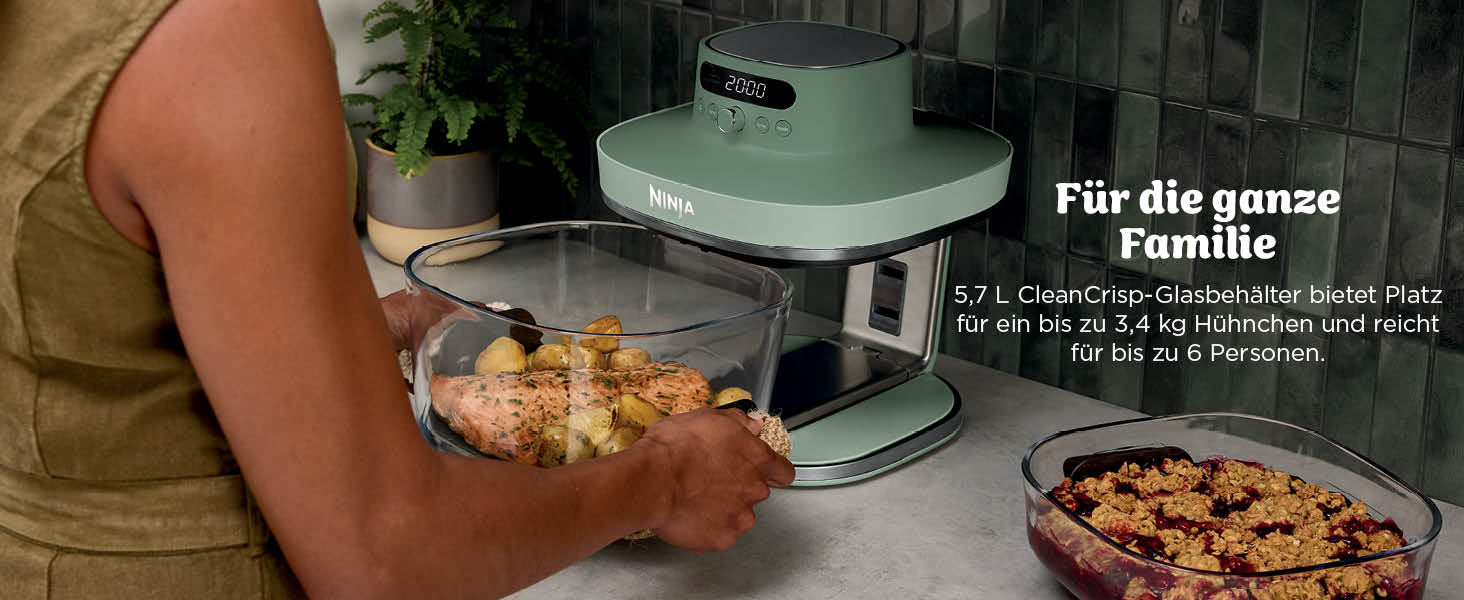 Скляна аерофритюрниця Ninja CRISPi PRO XL Air Fryer з 5 функціями, контейнерами CleanCrisp (5,7 л та 2,3 л) та кришкою для зберігання, колір моховий зелений, AS090EUGN
